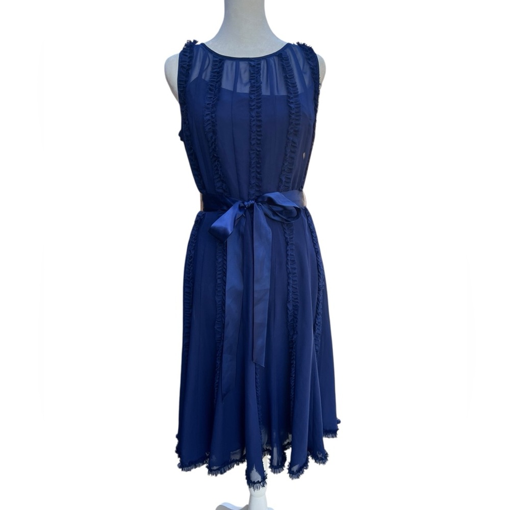 ADRIANNA PAPELL Blue Chiffon Ruffle-Detail Party Special Event Belted Dress Sz 8